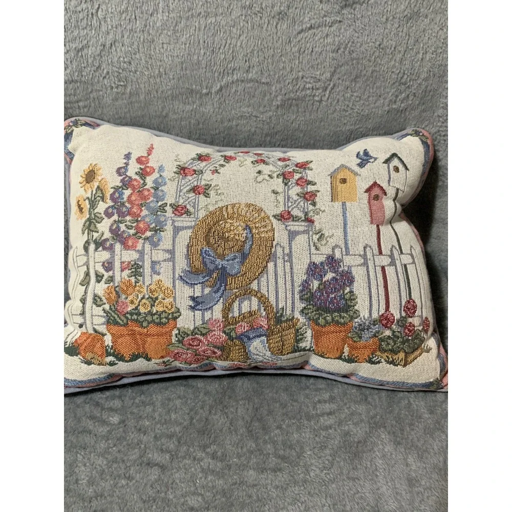 Vtg Garden Tapestry Throw Pillow Birdhouse Sun Hat Floral Accent Blue Cottage